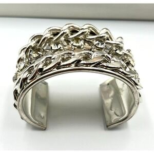 Vintage Silver Tone Curb Chain Rhinestone Wide Cuff Bracelet Glam Rock Statement